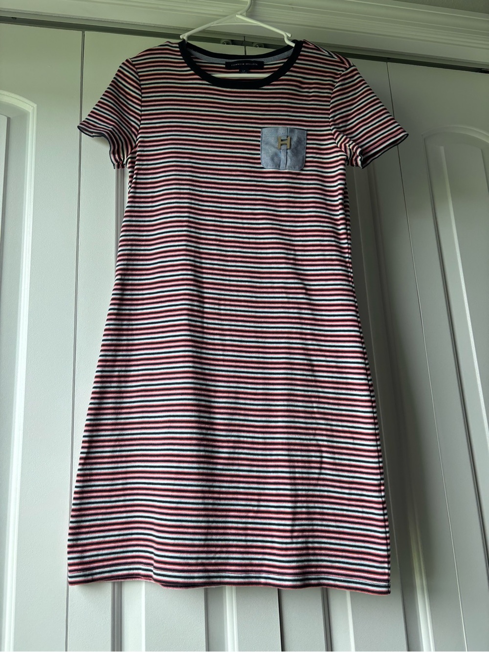 Tommy Hilfiger Small Petite Striped Knit Tee Dress in Red, Black, White